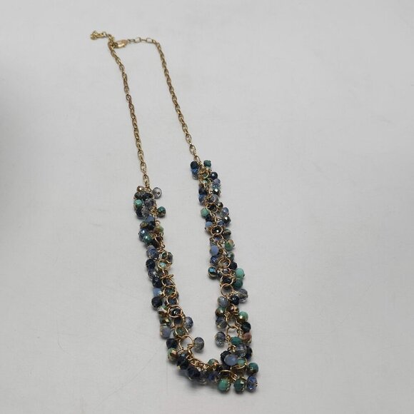 Long Crystal Beaded Gold Tone Chain Necklace With Blue Glass Beads Lobster Clasp - Picture 2 of 7